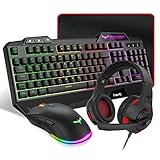 HAVIT Gaming Tastatur {DE Layout} & Maus & Headset & Mauspad Combo Set 4 in 1 für PC / Computer / Laptop / XBOX / PS4 / Tablets und mehr, Schw