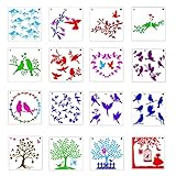16 Pack Blumen Und Vogelthema Schablone Set, Malschablonen, Wiederverwendbar Vogel Malerei Vorlagen, Schablonen Blume Für Kinder Malen, für Möbel, Scrapbook-Dekoration, Diy-Geschenkkarte Fü