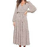 Feelpit Damen Boho Lange Kleid Chiffon ​Rüschen V-Ausschnitt Langarm Blumendruck Maxikleid Strandkleid mit Taillengürtel (Apricot, Medium)