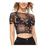 Shirt Damen Tshirts Sonne Mond Grafik Frauen Sommer Sport lustige Print Oberteile Tunika Teenager Mädchen Rundhals Casual Kurzarm Vintage Shirts Beiläufig Tops Frauen Lässig T-S