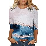 3/4 Ärmel Shirt für Frauen Landschaftsdruck Rundhalsbluse Casual Tee Tops für Frühling Sommer A40