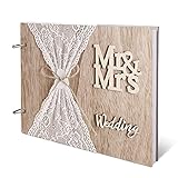 Gästebuch Hochzeit Holz Hochzeitsgästebuch Geburstag, Jubiläum personalisiert Hochzeitsbuch Hardcover mit Spitzen 28 x 21 cm als Geschenk zur Taufe Babyparty Konfirmation, 40 S