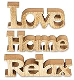 living-by-design 3er Set Schriftzug aus Holz Love Home Relax - weiß altweiß Shabby Vintage - Aufsteller Buchstaben Bild Dekoration Deko (Braun)