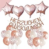 LumeeStar Herzlichen Glückwunsch Geburtstags-Dekoration mit Glitzer-Girlande auch Konfirmation Hochzeit Jubiläum Rente - Rosegold - Deko Set für Konfetti Luftballons Herzen S