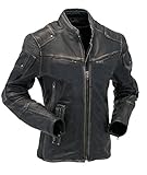 Cafe Racer Jacke Vintage Motorrad Retro Moto Distressed Lederjacke - Schwarz - Larg