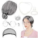 HOWAF Old Lady Kostüm Set, Großmutter Cosplay Zubehör Set, Graue Perücke, Oma Perücke, Perücke Kappe, Oma Brille mit Kette, Perlenkette Ohrringe Armband Alte Dame Kostümzubehör, 7 Stück