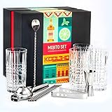 KOOLTHO Mojito Gläser Set Cocktail Geschenkset, Cocktails Glas 4er Sets mit Zubehör Zitronenpresse, 4 Strohhalme Edelstahl Messbecher Bar Löffel Eiszange Geschenkbox, Geschenk für Frauen M