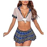 Damen Dessous Minirock BH Set Unterwäsche Babydoll Nachtwäsche Neckholder Tiefer V-Ausschnitt Cosplay Schulmädchen Kostüm Kleid Lingerie Halloween Kostü