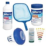 Wartungs-Set für Außenbereiche bis 20 m³ = Multifunktions-Tabletten, pH-Weniger Dosierer, Schnelltest-Set, Oberflächenkescher – Behandlung von W