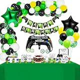 Gamer Geburtstagsdeko Videospiel Party Dekoration Spiel Party Deko Party Zubehör mit Happy Birthday Banner Gamepad Folienluftballon Tischdecke Stern Luftballon für Kindergeburtstag Deko Jung