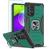 LeYi Hybrid Hülle Kompatibel mit Samsung Galaxy A52 5G/4G/A52S 5G Handyhülle und 2*Panzerglas, Militär Standard Armor Hardcase Silikon Schutzhülle Handy Case mit Ring Halter Dunkelgrü