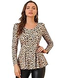 Allegra K Damen Leopard Langarm U-Ausschnitt Printed Schößchen Shirt, rose, 34