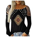 Damen Pullover Langarmshirt Locker Ethnischer Druck Oberteile Shirt mit Rundhals Frauen Sexy Schulterfrei Tops Elegant Cold Shoulder Bluse Lässig Shirts Tunika Lange Tops Hemd (Schwarz,S)