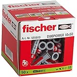 fischer DUOPOWER 10 x 50, Universaldübel, leistungsstarker 2-Komponenten-Dübel, Kunststoffdübel zur Befestigung in Beton, Ziegeln, Stein, Gipskarton uvm., ohne Schrauben, 50 Stück