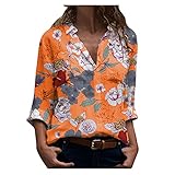 XUNN Damen Tops Mode Sexy Flowers Drucken Umlegekragen Langarm Hemden Lässige Lose T-Shirts Blusen Female Tee Frauen Ob