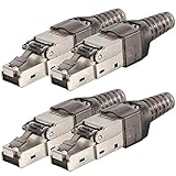 VESVITO 4X Netzwerkstecker RJ45 CAT 6A, werkzeugfrei, bis 10 Gigabit Ethernet, kompatibel mit CAT7A CAT7 Netzwerkkabel, geschirmt, Crimpstecker, Stecker für Verlegekabel Datenkabel Installationskab