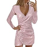 BOTCAM Glitzer Kleider Damen Pailletten Partykleid Elegant V-Ausschnitt Winterkleid Abendkleid Langarm Festlich Glänzende Cocktailkleider Club Kleid Minikleid Frauen Mit ärmel Asymmetrisch Sexy