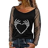 BOOMJIU Trendige Oberteile Damen Sexy Heißes Bohren T Shirt mit Weinglas Motiv Pullover mit fünfzackigen Sternen und Pailletten Shirts Durchsichtige Langarm Tunika Bluse Top