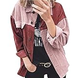 Xmiral Damen Cord Strickjacke Mit Knöpfen Langarm Revers Lose Farbblock Spleißen Hemdjacke Dünn Sweatjacke (Rosa und Rot, XXL)