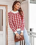 Damen Casual Langarm Hahnentritt Gestrickt Pullover Pullover, Lose Strickpullover (Color : Red, Size : S)