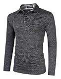 Herren-Poloshirt, leger, Dry Fit, langärmelig, mit Knopfleiste, Kragen, Grau lang, X-Groß