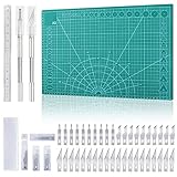 Miuzei Schneidematte Set A3 (45 x 30 cm) mit 40stk Bastelmesser und Stahllineal,Selbstheilende Bastelunterlage Schneideunterlage Cutting Mat Basteln Zeichenunterlage Bastelskalpell Bastelmatte (Grün)