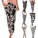 feftops Lässige Damen-Hose, bedruckt, Strand, Bohemia, Leinenhose, Hose mit Kordelzug, elastischer Bund mit Tasche, Sporthose, Schwarz S