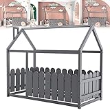 JINGJIN Baumhausbett Bettenhaus aus Holz Spielbett Holz, Massivholz Kinder Bett mit Rausfallschutz, Kinderbett Holzhaus Bett Bodenbett Bettgestell 80x160 Hausbett Massivholz Kinder Bett,Grey