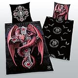 FRIP - Versand Wende Bettwäsche Anne Stokes Kreuz mit Drache und Totenkopf Linon 135x200cm Digitaldruck mit ReißverschlußGothic Mystery …