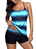 Sixyotie Damen Mehrfarbig Tankini mit Oberteile und Badeshorts Badeanzug Beachwear Zweiteiler Bademode mit Pads (Blau, EU 44 (3XL))