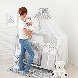 Teddybär mit Herz | 16tlg. Baby Bettwäsche-Set | Babybettwäsche | Komplett Kinderbettwäsche-Set | Betthimmel für Babybett (für EIN Bett 70x140cm, Grau)