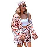 Damen 3 Stück Floral Printed Outfits Button Down Langarm Bluse Top + High Waist Shorts + Kopf Kopftuch Set, Roter Aprikose, 42