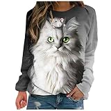 QiFei Damen Langarmshirt mit Katzenmotiv Pullover Tierdruck Drucken Oberteile T-Shirt Katze Gedruckte Casual Sweatshirt Tops Loose Rundhals Bluse Pulli,Herbst Winter Langarm Ob