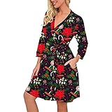 TIMELYE Morgenmantel für Weihnachten Satin Kimono Badmantel für Herbst und Winter Frauen Dessous Robe mit Gürtel V-Ausschnitt Saunamantel Nachtwäsche für Party Pool Bequem Weich Pajama Schlafanzüg