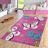 TT Home Schmetterling Teppich Fuchsia Pink Grau Creme Kinderzimmer Teppiche Butterfly, Größe:80x150