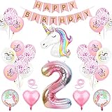 Einhorn Geburtstagsdeko,Einhorn Party 2 Jahr Mädchen Kinder Luftballons Geburtstag Deko,Happy Birthday Banner,Riesen Zahlen Folienballon mit Einhornb