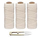 ilauke Bäcker Bindfäden, 300m 3-lagig Baumwollgarn mit Edelstahl Schere für Backen, Fleisch Binden, Würstchen Machen, DIY Handwerk (3 Rolle x 100m, Beige)