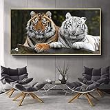 Moderne Tiere Poster und Drucke Wandkunst Leinwand Malerei Zwei süße Tiger Bilder für Wohnzimmer Dekoration Wandbild 80x160cm R