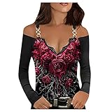 Damen V-Ausschnitt Tops Träger Schulterfreies bedrucktes Große Größen Langarmshirt Lässig Lose Oberteil Langärmlige T-Shirt Longsleeve Blusen Elegant Tunik