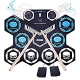 Elektronisches Schlagzeug Set, Gimigo Tragbare Roll Up 9 Pads Elektronisches Schlagzeug Kit mit EingebautemDual-Stereo Lautsprecher,Bluetooth, MIDI, 2 Pedalen.Drumsticks für Kinder Anfäng