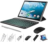 Tablet 10 Zoll Android 10.0, 64GB rom/4GB ram Quad Core 4G Tablet mit Deutsche Tastaturaufkleber Stift Tastatur, Type C, 5MP+8MP Kamera, 8000mAh Akku WiFi 4G Dual-SIM/SD Bluetooth Tablet PC (Schwarz)