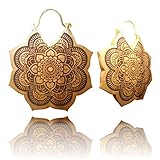 Ohrringe Mandala Blume Holz Brass Bügel golden Gravur braun dunkelbraun Schmuck | Ohrhänger Organic Tribal Ohrschmuck Damen Frauen Mädchen Holz Ohr Schmuck groß Handarbeit b