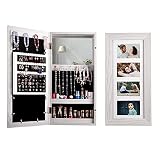Lvifur Schmuckschrank aus PVC-Holzmaserung Beschichtung, Spiegelschrank, Hängeschrank, 4 Bilderrahmen, abschließbar, mit Spiegel, platzsparender Schmuckorganizer, für Wand/Türmontag