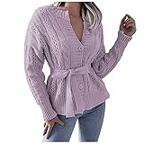 Strickjacke Damen Grobstrick Strickmantel Strickcardigan Frauen Herbst Winter Casual Open Front Sweater Cardigan Langarm V-Ausschnitt Outwear mit Gürtel Einfarbig Knopfleiste Freizeit Strickp