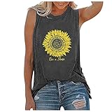 Damen T-Shirt Casual Sunflower Print Weste O-Ausschnitt Ärmellose Loose Tank Tops Bluse (L,Grau)