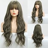 Lange Grüne Perücken für Frauen Mädchen HAIRCUBE Synthetische Lockige Perücke mit Fransen für Party Halloween oder Cosplay