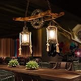 FUMIMID Retro Deckenlampe Vintage Industrielle Kronleuchter Doppelkopf Rustikal Holz Pendellampe Metall Glas Höhenverstellbar Pendelleuchte Schlafzimmer Lampe Restaurant Bar E27 Hängelampe Schw