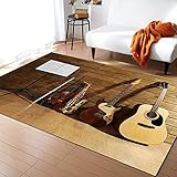 VBUEFM Wohnzimmerteppich Bedruckter Teppich Bereich Teppich Maschinenwaschbar Indoor Bereich Teppich für Wohnzimmer Schlafzimmer Waschküche Braun Holz Optik Gitarre 200 x 300