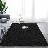 Hochflor Teppich Wohnzimmerteppich, ​Soft Area Rug Schlafzimmer Shaggy Teppich, Shaggy Schlafzimmer Bettvorleger Outdoor Carpet Schwarz 90 x 150