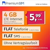 Handyvertrag PremiumSIM LTE All 4 GB - ohne Vertragslaufzeit (FLAT Internet 4 GB LTE mit max. 50 MBit/s mit deaktivierbarer Datenautomatik, FLAT Telefonie, FLAT SMS und EU-Ausland, 5,99 Euro/Monat)